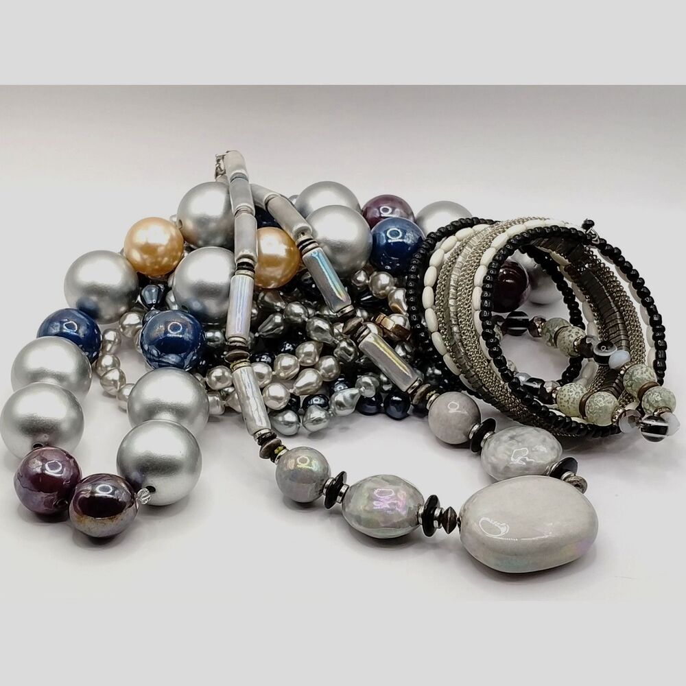 Vintage Natural Stone, Glass Beads, Mixed Medium Bracelet, Necklaces, 5 pieces